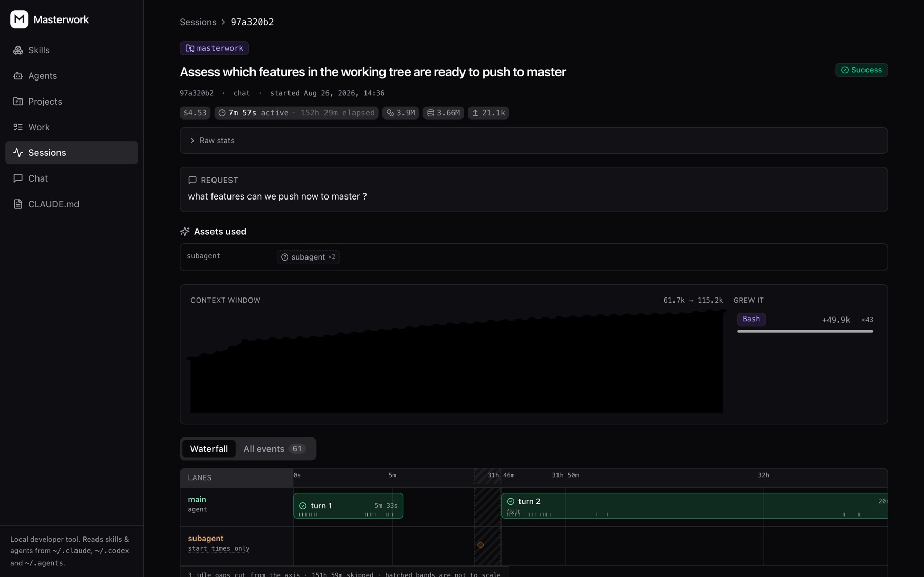 A recorded coding session with its timeline of tool calls, skills used and cost